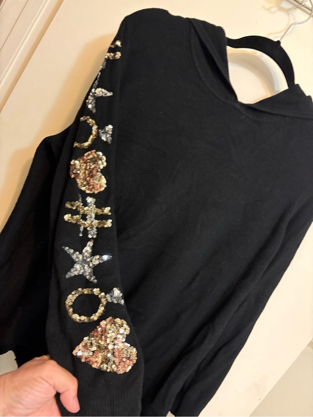 INC International Concepts Hooded Black Sweater with Mixed Sequins on Sleeves